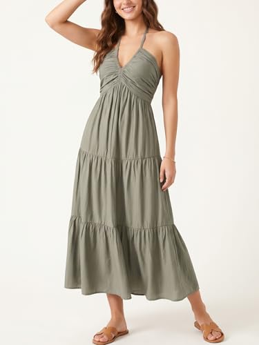 Image of Women's Casual Halter Tiered Vacation Maxi Dress with Pockets