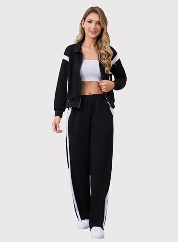 Lounge Sets for Women Sweatsuits 2 Piece Outfits Zip Up Sweatshirt Striped Wide Leg Sweatpants Tracksuit Matching Set4