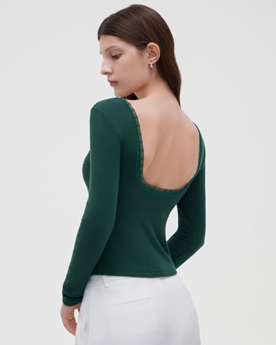 OMKAGI Backless Going Out Tops for Women Fitted Long Sleeve Double Layer Lace Shirts4