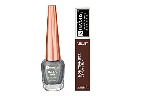 Image of Krayons Insta Dri Sparkling Eyeliner, Silver, 7ml And Power Stay Nontransfer 12hrs Stay Matte Liquid Lipstick, Caramel, 4ml