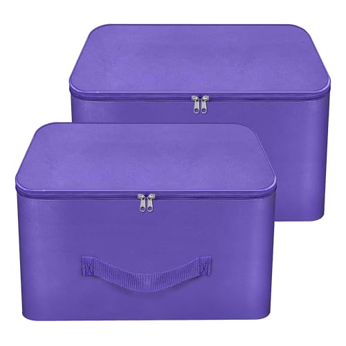 Image of Storite 2 Pack Nylon Wardrobe Bag Underbed Moisture Proof Cloth Storage Organizer, Storage box for Clothes Saree Bags with Zippered Closure & Handle (Purple, 37x35x23 cm) Square