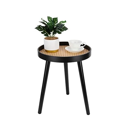Rattan Round Side Table, Black Small End Table, Accent Table, Modern Boho Bedside Table, Mid-Century Patio Side Table, End Tables for Living Room Bedroom Office Balcony