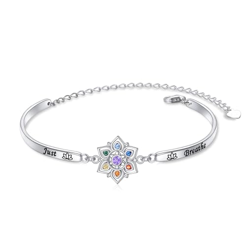 7 Chakra Bracelet 925 Sterling Silver Just Breathe Lotus Flower Rainbow Stones Yoga Chakra Energy Balance Bangle Bracelet Jewelry for Women Spiritual Healing