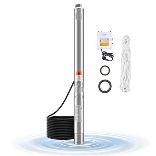 VEVOR Pompe immergée pour puits profond, 550 W, pompe à eau en acier inox, débit 100 L/min, hauteur de 53 m, avec cordon 20 m, boîtier de commande externe,...