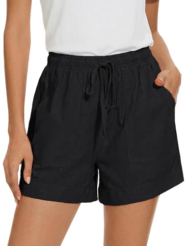 Enmain Pantalones Cortos Mujer Negro Pantalon Corto Lino Mujer Verano Bermudas Cintura Elastica Shorts para Playa Deporte Trabajo M
