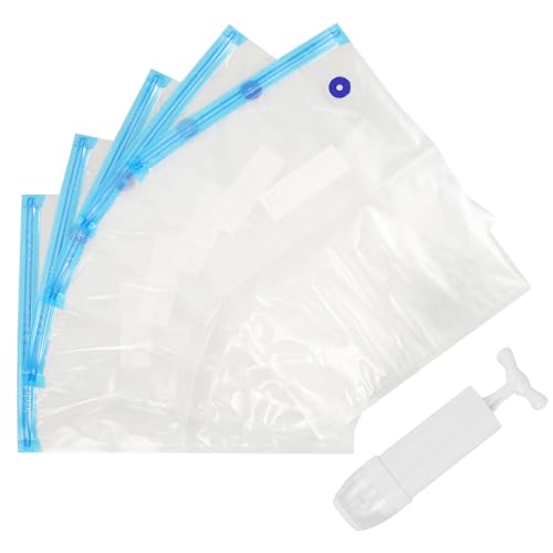 ibasenice Bolsa para Sellar al Vacío para Alimentos 26x34 Cm Azul Cremallera, 5 Unidades Bomba Manual Filtrante, Bolsa de Compresión y Conservación para Cocina y Congelador