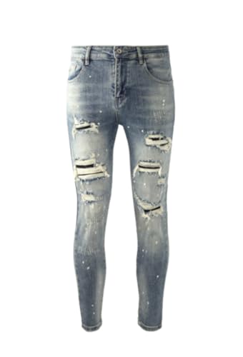 Men's Fashion Skinny Elastic Small Leg Jeans with Ripped and Pockets for Daily Travel Distressed Jeans
