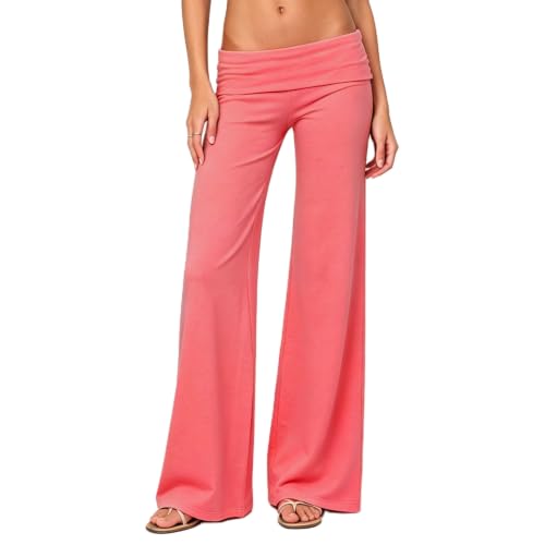 Image of Lounge Yoga Pants for Women Fold Over Low Waist Wide Leg Bell Bottoms | Y2K Foldover Pants, Flare Leggings, Low Rise Yoga Sweatpants