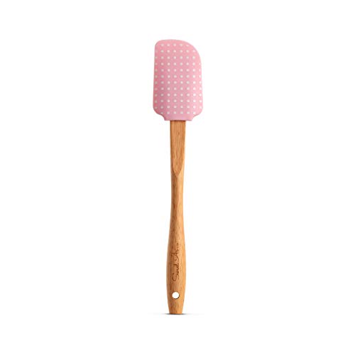 Silicone Spatula - Baking Spatula with Measurements - Oak Wood Handle - Heat Resistant - 100 BPA Free - Pink Silicone Head Polkadot