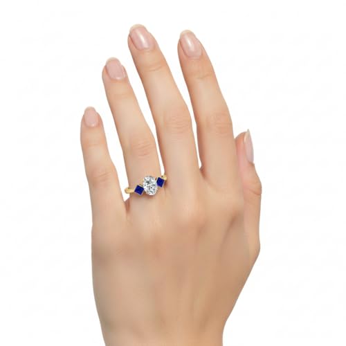 Image of Choose Your Gemstone Kite Design Diamond CZ Ring Yellow Gold Plated Oval Shape 3 Stone Engagement Rings Everyday Jewelry Wedding Jewelry Handmade Gifts for Wife US Size 4 to 12
