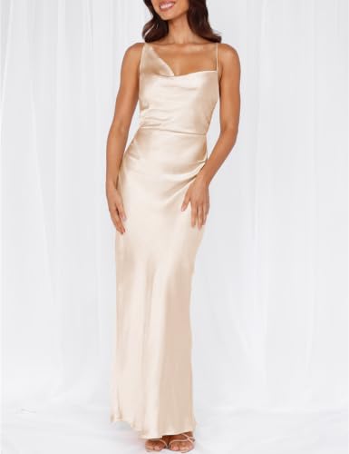 Image of Formal Satin Silk Spaghetti Strap Maxi Dresses for Women Wedding Guest