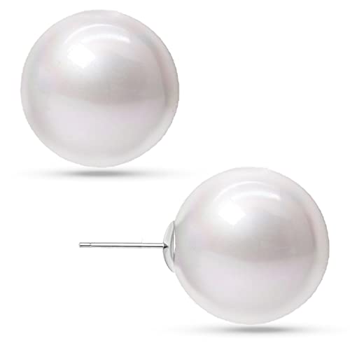 Pendientes de perlas grandes – Pendientes clásicos de imitación redondos de gran tamaño para mujer, hipoalergénicos a orejas sensibles, Acero inoxidable, Perla