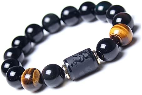 Rankui Beaded Bracelets for Men women Handmade Natural Black Obsidian Onyx Tiger Eye Stone Beads Elastic Bracelets 12mm Dragon or 10mm phoenix bracelet (12)