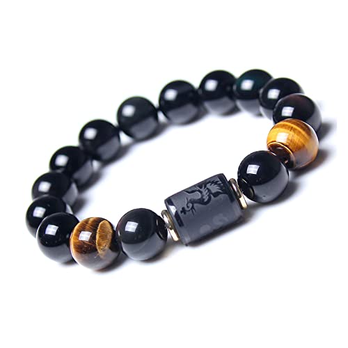 Rankui Beaded Bracelets For Men Women Handmade Natural Black Obsidian Onyx Tiger Eye Stone Beads Elastic Bracelets 12Mm Dragon Or 10Mm Phoenix Bracelet (12) #TOP18