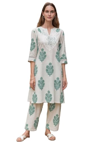 Image of Yashika Women's Cotton Blend Trendy Regular Fit Solid Printed Kurti with Stright Bottom |Kurti Set for Women
