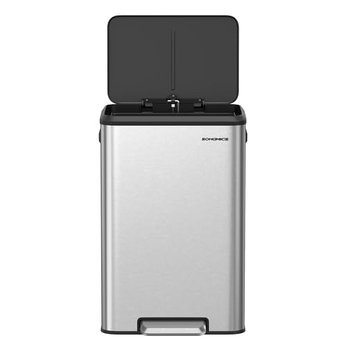 SONGMICS Kitchen Trash Can, 10.5-Gallon (40L) Garbage Can with Lid and Wide Foot Pedal, Soft Close and Stays Open, Silver ULTB541E40