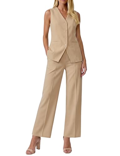 luvamia Vest Pants Suits for Women Dressy 2 Piece Sets Sleeveless Blazer Straight Leg Dress Pants Business Casual Outfit Beige Medium Fits US 8-10