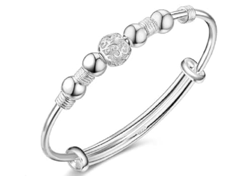 LMCIEZR Women's Simple Sterling Silver Beads Bangle Bracelet Transfer Lucky Beads Bracelet Cuff Bracelet Bangle with Open Design