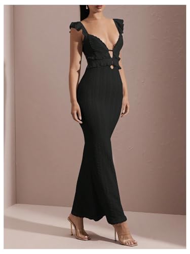 Image of WDIRARA Women's Textured Cut Out Backless Bodycon Maxi Dress Ruffle Sleeveless Fishtail Cami Dresses