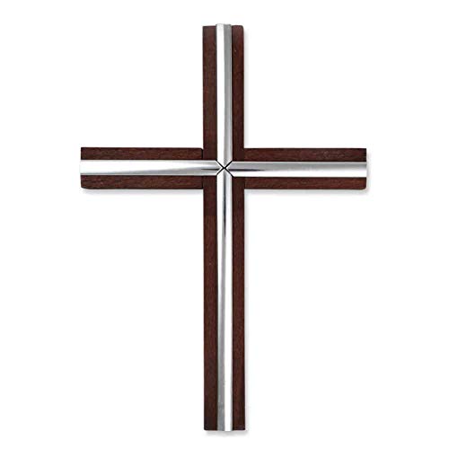 kruzifix24 Devotionalien Wandkreuz Buche braun gebeizt modern mit Silberstäben als Kreuzauflage 30 x 21,5 x 2 cm Schmuckkreuz Holzkreuz Cover