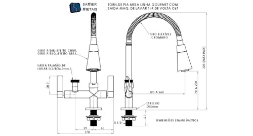 Torneira Flexivel De Mesa Com Saida Para Maquina De Lavar Roupa e Louça Tubo Dois Jatos Cromado Same
