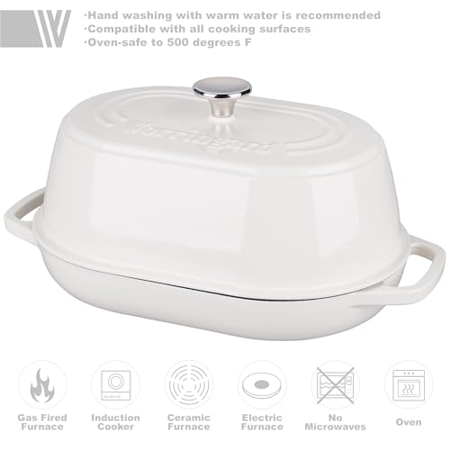 VORRINGARD Enameled Cast Iron Dutch Oven Pot with Dome Lid, Oval Bread Oven for Homemade Sourdough Bread Baking, Oven Safe up to 500°F, 6 Quart, White - Thumbnail 3