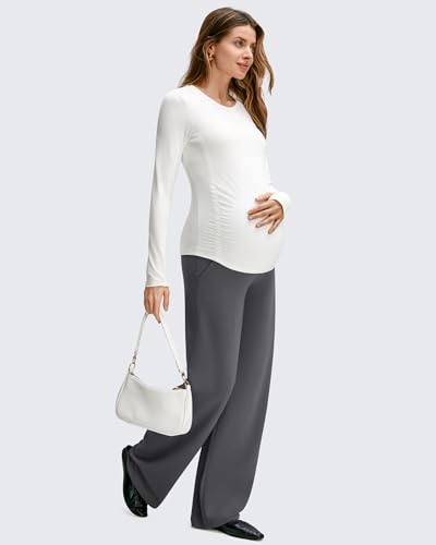 Image of G4Free BareFeel Maternity Pants Over the Belly Pregnancy Trousers for Work | High Waist Coverage,Two Side Pockets,Wide Leg Design,Soft Knit Fabric,for Dress Casual Yoga