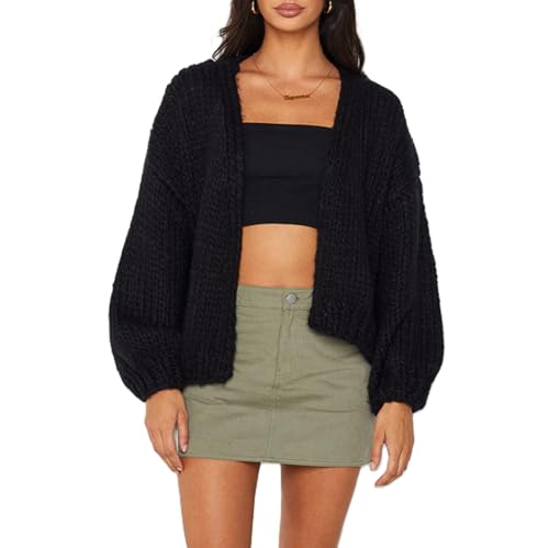 Women Y2k Cropped Sweater Cardigan Open Front Puff Long Sleeve