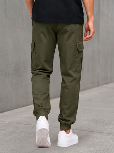Image of Men's Cotton Cargo Pants | Cargo Trousers with Flap Buttoned Pocket | Elastic Waist Drawstring Casual Cargo Pants | Regular Fit Outdoor Travel Streetwear Bottom Wear