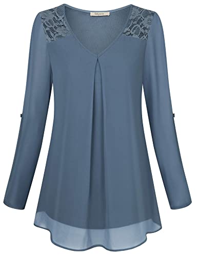 Bebonnie Work Blouses For Women,Ladies 2X Plus Size Chiffon Blouse Cuffed Sleeve Fashion Tops Lace Tunics Juniors Going Shopping Trendy Office Formal Clothes Blue Grey Xxl #TOP1