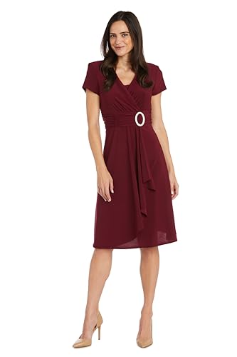 Image of R&M Richards Women's Cascade Wrap Dress with V-Neck & O-Ring Rhinestone Buckle, Work to Weekend Short Sleeve Flowy Silhouette