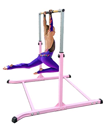 Adjustable Gymnastics Kip Bar Set with Balance Beam, 6'x4' Mat for Kids, Expandable Horizontal Bar Gymnastic Training Exercise Gymnast Home Gym Adjustable 3 to 5 FT Fiberglass Rail (Pink) - Thumbnail 2