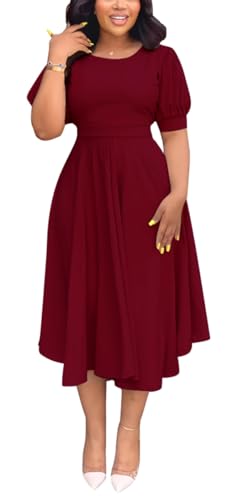 Image of Summer Dresses for Women Semi-Formal Fit Casual Slim Short Puff Sleeve O-Neck Elegant Swing A Line Maxi Dresses