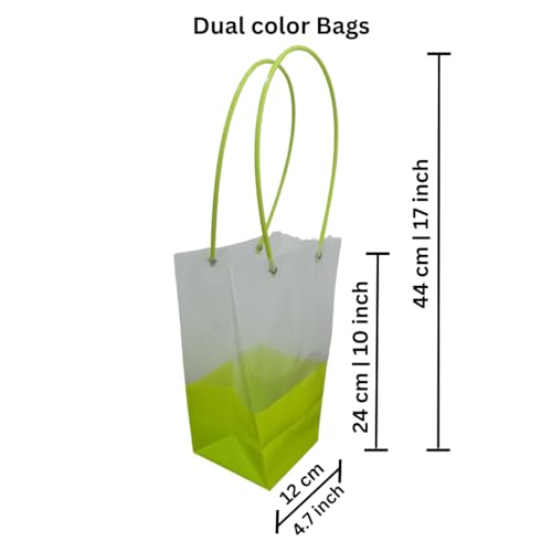 Image of Oasis Pack Of 10 Multipurpose Medium Size Waterproof Bags With Handles For Floral Arrangement - Retail ,Bulk, Florist Supply, Gift Hamper Bags For Rakhi, Birthday, Diwali, House Warming, Party Favour | 26 cm X 24cm X 12cm - Transparent Dual Color Green
