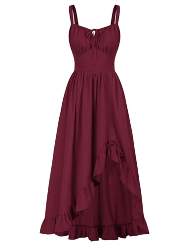 SCARLET DARKNESS Renaissance-Kleid für Damen, Sommer, Korsettkleid, fließend, ärmellos, Milchmädchen, Sommerkleid mit Taschen, Weinrot, Klein