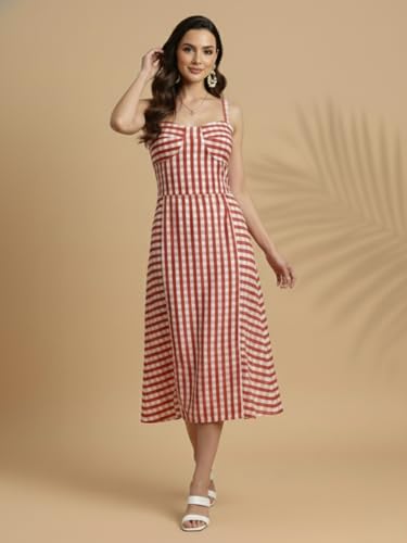 Image of Aahwan Fit and Flare Red Gingham Check Shoulder Ties Slim Fit Midi Cami Dress for Women's & Girl's