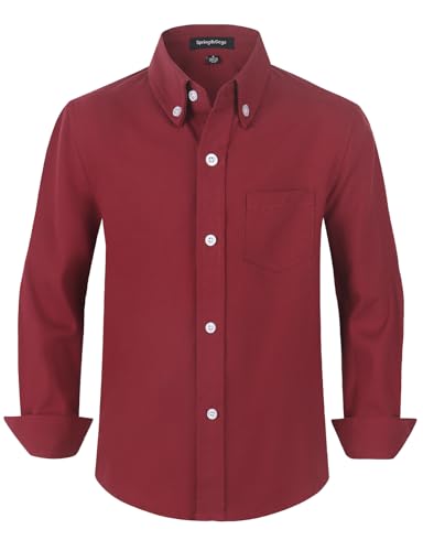 Spring&Gege Camisas para niños sólido manga larga Oxford camisa niños niños camisas de vestir, granate, 116
