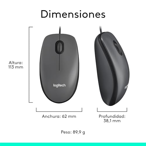 Logitech M100 Ratón con Cable USB, 3 Botones, Seguimiento Óptico 1000 dpi, Ambidiestro, PC/Mac/Portátil/Chromebook - Negro