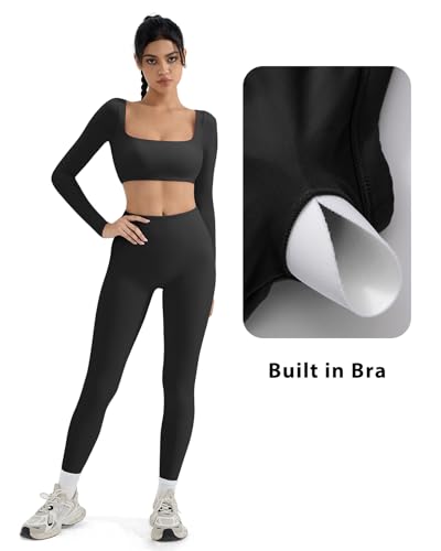 SUUKSESS Women 2 Piece Workout Sets Compression Tummy Control Leggings with Pockets Long Sleeve Square Neck Padded Crop Tops2