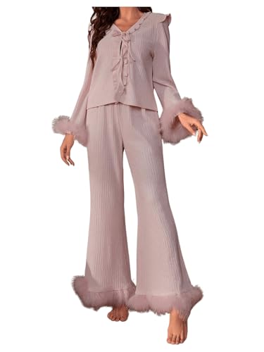 MakeMeChic Women's Two Piece Soft Pajama Set Tie Front Furry