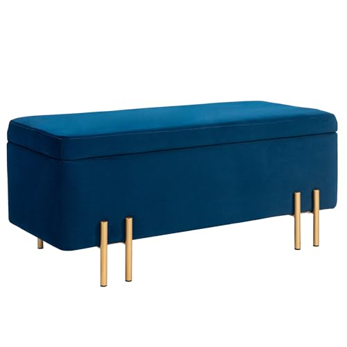 HOMCOM Sitzbank mit Stauraum Polsterbank mit Samtoptik, Sitztruhe mit Metallbeine, Truhenbank für Wohnzimmer Schlafzimmer Flur 100 x 40 x 42 cm, Blau