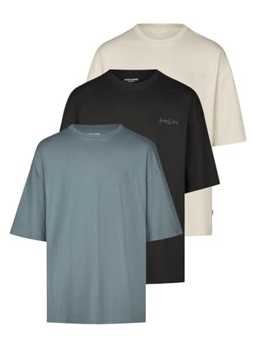 JACK & JONES Tshirt Herren Oversize Fit JJECHARGE 3er Set Pack Rundhals Kurzarm Sommer Tee Shirt Print, Größe:XL, Farbe:Pack 2 (Moonbeam/Black/Stormey Weat)