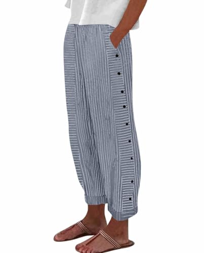 2025 Summer Women's Striped Home Pants Printed Straight Casual Style Side Adjustable Buckle Lightweight Vacation