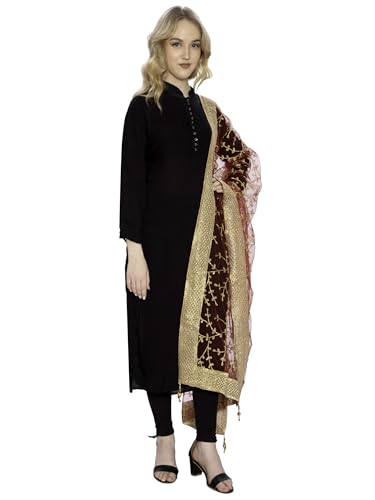 Image of ZEN APPAREL Women's Embroidered Net Dupatta with Lace Borders (Z-101) Premium Net Fabric Golden Aari Work