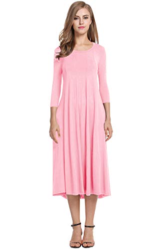 Hotouch Women's 3 4 Sleeve Stripe Elastic Waist Casual Long Dress (Misty Rose XL)