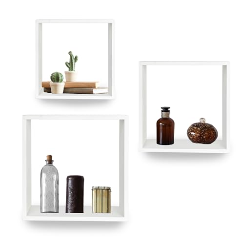 LIN HOME Set de 3 Estantes Flotantes de Madera, Diseño Cuadrado Minimalista, 30/26,5/23 cm, Organizadores de Pared (Blanco)