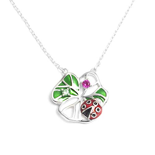 Collier argent S925 femme chaîne clavicule pendentif feuille coccinelle