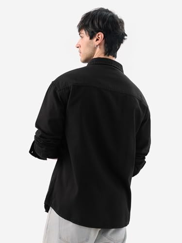 Image of The Souled Store Solids: Mystic Black Men and Boys Long Sleeve Collared Neck Button Front Solid Regular Fit Cotton Utility Shirts