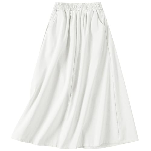 SANGTREE Women's Cotton Linen Skirts, Casual Elastic High Waist A-Line Midi Swing Skirt with Pockets, 1#White, Medium