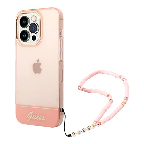 Guess GUHCP14XHGCOHP Coque de Protection Rigide pour iPhone 14 Pro Max 6,7" Rose/Rose Translucide Pearl Strap Noir